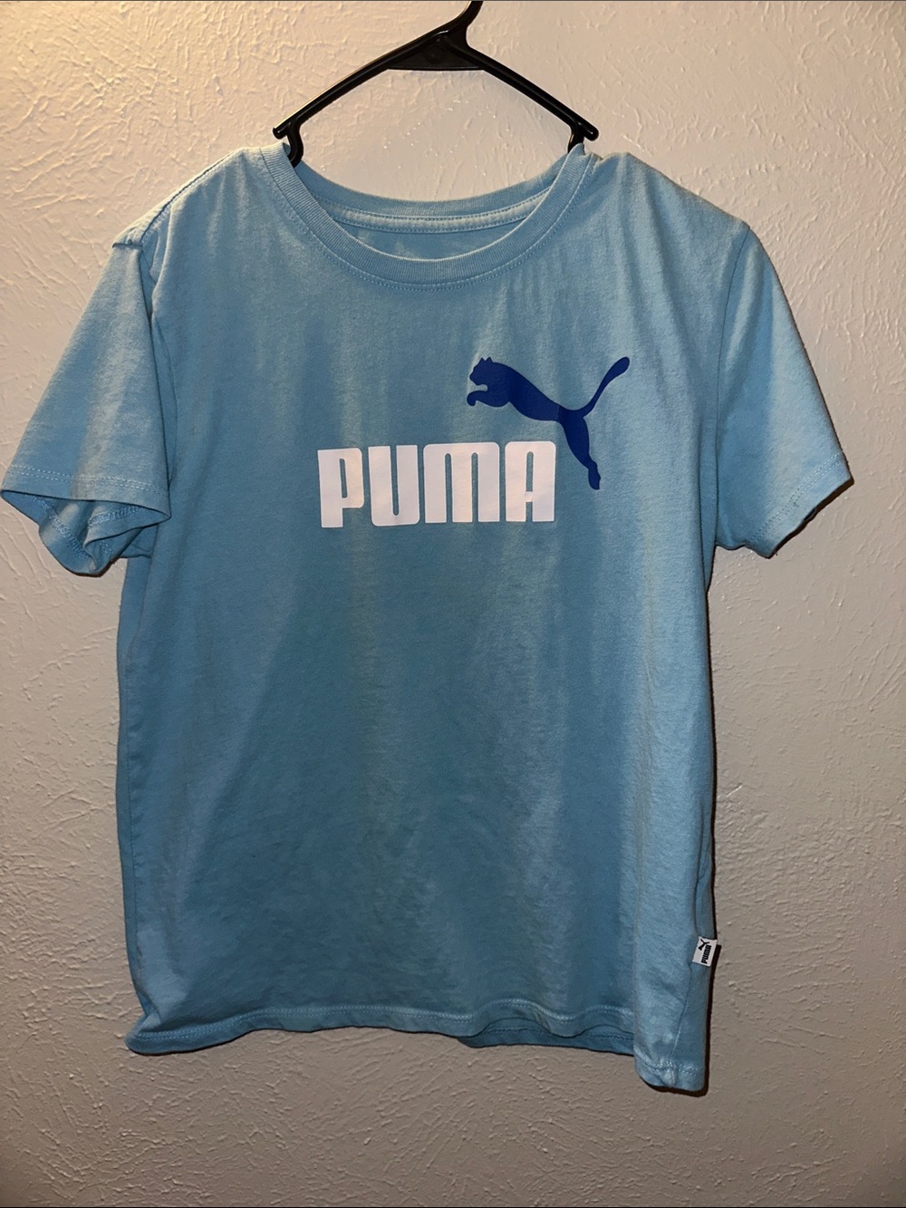 Puma Light Blue Tee with White Logo and Navy Cat, S, Like New.
